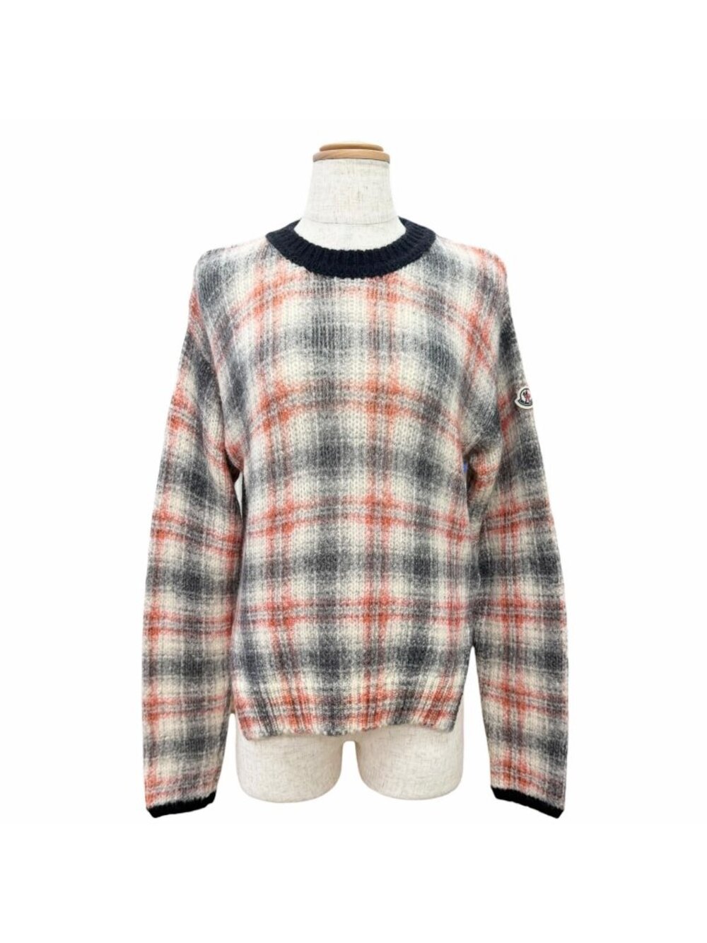 Moncler Alpaca Wool Plaid Logo Patch Long Sleeve Knit Sweater XS
